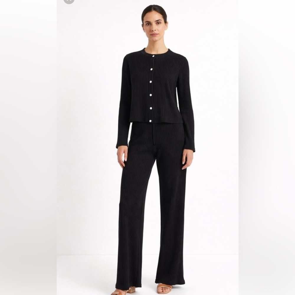 Women’s Black Ribbed Knit Wide-Leg Pants & Cardigan Set